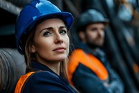Confident female construction worker in blue hard hat and safety vest looking up at construction site with determined expression. Male colleague in background.