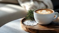 Steaming latte with leaf pattern art served on wooden tray with pine sprig and white lace doily. Cozy winter morning coffee composition in soft natural light.