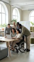 Diverse business team collaborating around laptop in modern office with disabled woman in wheelchair leading meeting and colleagues supporting inclusive workplace.