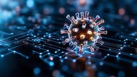 Virus particle on digital circuit background with glowing blue technology elements and bokeh lights, representing cybersecurity and digital health threats.