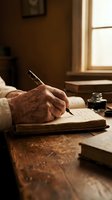 Senior man with wrinkled hands writing in journal with fountain pen at wooden desk in warm study room with window light and ink bottle nearby.