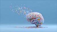 Colorful brain model disintegrating into pastel particles against blue background, representing mental health, creativity, or neurological concepts.