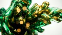 Luxurious emerald green and gold abstract fluid art with metallic bokeh effects creating elegant flowing patterns for premium design projects.