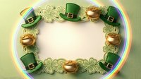 Leprechaun hat and gold coin frame with shamrock clover border and neon glow effect on yellow background. St. Patrick's Day celebration design element for greeting cards and festive projects.