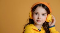 Young Asian woman wearing yellow hoodie and orange knit hat with bright pumpkin-themed headphones poses against autumn brown background, expressing cheerful seasonal mood.