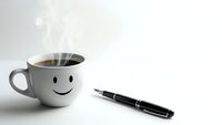 Smiling coffee cup with steam and fountain pen on white background for morning productivity and creative writing concepts.
