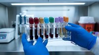 Laboratory technician in blue gloves holding test tube rack with colorful blood samples for medical analysis in modern clinical research facility.