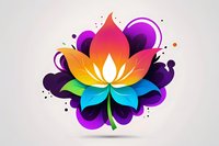 Rainbow colored lotus flower with gradient petals on abstract purple background with paint splatter effects and shadow. Spiritual and wellness concept.
