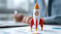 Toy rocket on business documents with blurred office background, symbolizing startup launch, business growth and innovation concept for entrepreneurship.