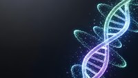 Glowing DNA double helix structure with particle effects on dark background for genetic research, biotechnology and molecular science concepts.