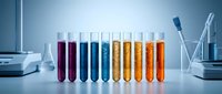 Row of colorful test tubes with various chemical solutions in modern laboratory setting for scientific research and experimentation.