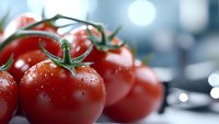 Fresh ripe cherry tomatoes on vine with water droplets, close-up macro shot against blurred kitchen background with soft bokeh lighting effects.