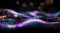 Glowing abstract wave with sparkling particles and bokeh lights in dark background, featuring purple and blue neon colors. Modern digital art concept.
