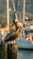Brown pelican perched on weathered wooden dock post at marina with sailboat masts in soft focus background during golden hour sunset light.
