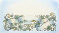Watercolor floral banner with scrolls and blue flowers, blank ribbon for custom text, soft vintage style on light background.