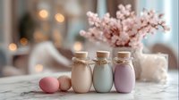 Pastel Easter eggs and decorative bottles on marble table with cherry blossom branch and soft bokeh lights in background.