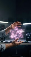 Hands holding glowing pink neon geometric shape in modern tech workspace. Futuristic digital innovation concept for technology, artificial intelligence, and business solutions.