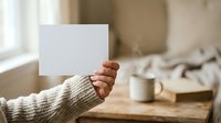 Caucasian hand in cream knit sweater holding blank white card on wooden table with mug and papers, suitable for mockups and promotional designs.