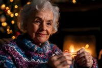 Senior woman in colorful knit sweater lighting match by warm fireplace with festive bokeh lights creating cozy holiday atmosphere. Authentic lifestyle portrait.