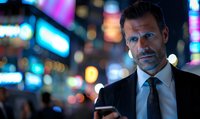 Confident middle-aged Caucasian businessman in suit checking smartphone at night, illuminated by vibrant city lights and neon signs in urban setting.