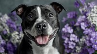 Happy senior pit bull terrier dog with gray muzzle smiling among purple spring flowers in garden setting for pet care and adoption campaigns.