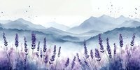 Misty mountain landscape with lavender flowers in foreground, painted in soft watercolor style with purple and blue tones creating serene natural scenery.