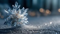 Crystal clear snowflake with intricate geometric patterns resting on sparkling surface with bokeh lights background for winter holiday decorations.