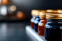 Rows of glass jars with golden metal lids containing red and blue liquids, arranged on white surface with blurred background, suitable for pharmaceutical, cosmetic, or supplement product marketing.