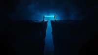 Silhouettes of two people standing on cliff edges with glowing blue light connection between them against dark night sky, symbolizing connection and bridging gaps.