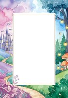 Watercolor fairy tale frame with castle, forest, mushrooms and magical lights. Fantasy border template for invitations, cards and storytelling designs.