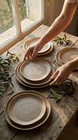 Person with medium skin tone arranging neutral ceramic dinnerware and fresh greenery on wooden table by sunlit window for table setting and home decor.