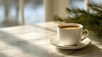 White cup of coffee on saucer near pine branches with morning sunlight casting shadows on wooden table, creating cozy winter atmosphere.