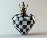 Decorative heart shaped object with black and white checkered pattern and golden crown on top against neutral background. Romantic chess concept.