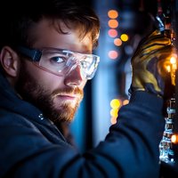 Young bearded scientist in protective eyewear working with laboratory equipment at night. Dramatic lighting and bokeh create atmospheric research environment.