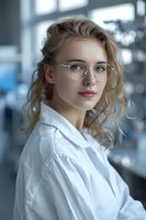 Young blonde woman wearing round glasses and white shirt in office setting, soft natural lighting creates professional atmosphere for business portraits.