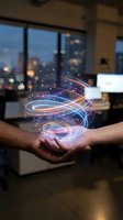 Hands holding glowing digital energy swirls with colorful light trails and particles in modern office environment for technology and innovation concepts.