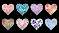 Eight decorative watercolor hearts with silver outlines, isolated on transparent background. Varied patterns including floral, geometric, and splatter styles. Great for stickers, cards, and t-shirt design.
