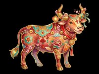 Decorative cow with ornate golden horns and colorful floral patterns isolated on transparent background, ready for t-shirt design, clipart, stickers, sublimation and print-on-demand products.