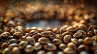 Aromatic coffee beans with golden bokeh background, close-up macro shot showing rich texture and warm tones for food and beverage marketing.