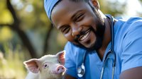 A male veterinarian of African descent wearing blue scrubs and a stethoscope smiles while gently holding a young pig outdoors in natural daylight, conveying care and professional expertise in animal healthcare.