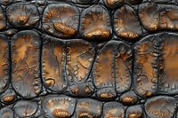 Extreme close-up of crocodile skin texture showing intricate natural pattern with dark scales and amber highlights, creating dramatic organic surface detail.