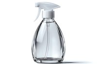 Clear glass spray bottle with trigger sprayer on white background, minimalist design for cleaning products, household supplies, or cosmetic packaging applications.