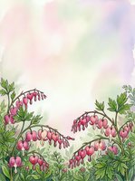 Watercolor bleeding heart flowers with pink blooms and green leaves on soft pastel background, copy space for text or greeting card design.