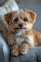 Adorable Morkie puppy with honey-colored fur lying on gray couch, looking directly at camera with expressive eyes and fluffy coat. For pet photography and animal portraits.