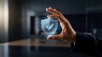 Hand protecting glowing digital security shield with checkmark symbol representing cybersecurity protection and data safety in modern office environment.