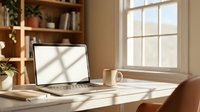 Modern laptop computer with blank white screen on wooden desk in bright home office workspace with natural sunlight and cozy interior design elements.