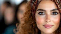 Young Middle Eastern woman with curly hair wearing colorful headscarf smiling warmly at camera, natural makeup and glowing skin against blurred background.