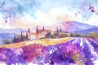 Watercolor landscape with purple lavender fields, rustic villa, and cypress trees against misty mountains in Provence style, soft pastel sky and dreamy atmosphere.