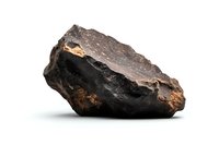 Dark meteorite fragment with rough textured surface and metallic bronze highlights isolated on white background, showing natural space rock formation details.