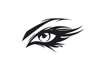 Dramatic black and white eye illustration with flowing lines and sharp angles creates mysterious, fierce look. Isolated on white background for design projects.